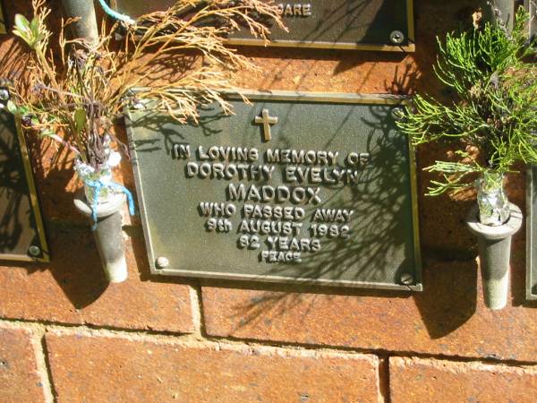 Dorothy Evelyn MADDOX,  | died 9 Aug 1982 aged 82 years;  | Bribie Island Memorial Gardens, Caboolture Shire  | 