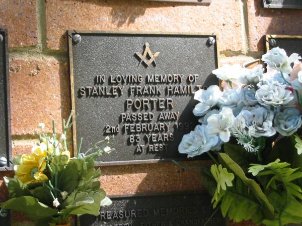 Stanley Frank Hamilton PORTER,  | died 2 Feb 1992 aged 83 years;  | Bribie Island Memorial Gardens, Caboolture Shire  | 