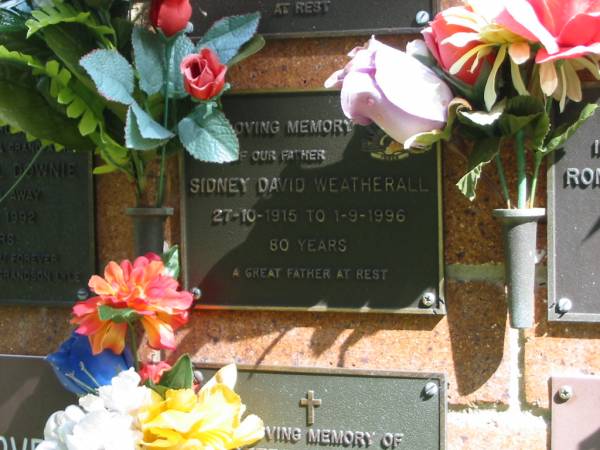 Sideny David WEATHERALL,  | father,  | 27-10-1915 - 1-9-1996 aged 80 years;  | Bribie Island Memorial Gardens, Caboolture Shire  | 
