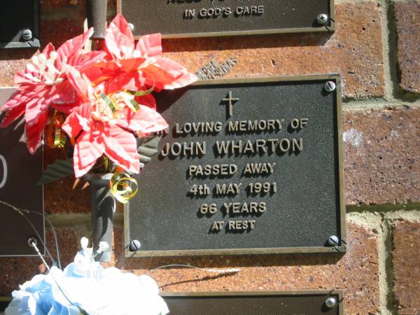 John WHARTON,  | died 4 May 1991 aged 66 years;  | Bribie Island Memorial Gardens, Caboolture Shire  | 