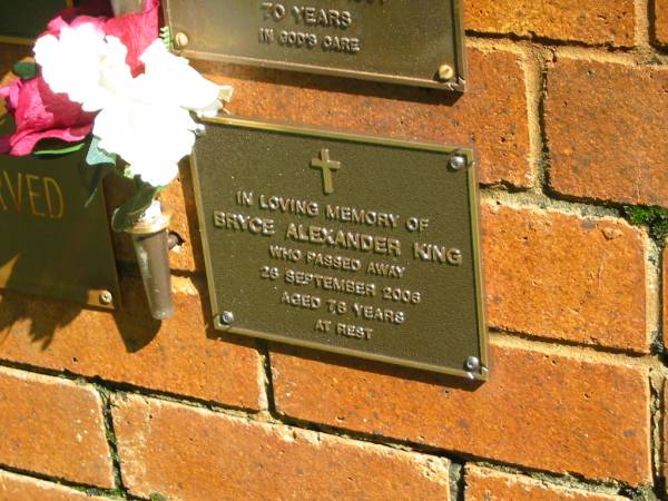 Bryce Alexander KING,  | died 26 Sept 2006 aged 78 years;  | Bribie Island Memorial Gardens, Caboolture Shire  | 