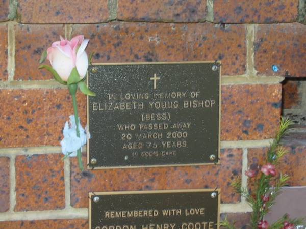Elizabeth Young BISHOP (Bess),  | died 20 March 2000 aged 75 years;  | Bribie Island Memorial Gardens, Caboolture Shire  | 