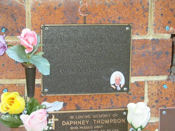 Lillian Myee THOMSON,  | 26-1-15 - 2-2-99,  | remembered by daughters & sons;  | Bribie Island Memorial Gardens, Caboolture Shire  | 