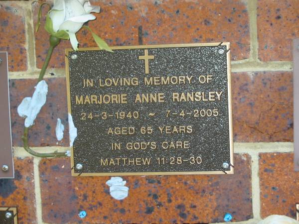 Marjorie Anne RANSLEY,  | 24-3-1940 - 7-4-2005 aged 65 years;  | Bribie Island Memorial Gardens, Caboolture Shire  | 