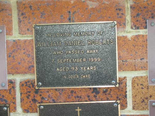 William Daniel ROBERTS,  | died 7 Sept 1999 aged 93 years;  | Bribie Island Memorial Gardens, Caboolture Shire  | 