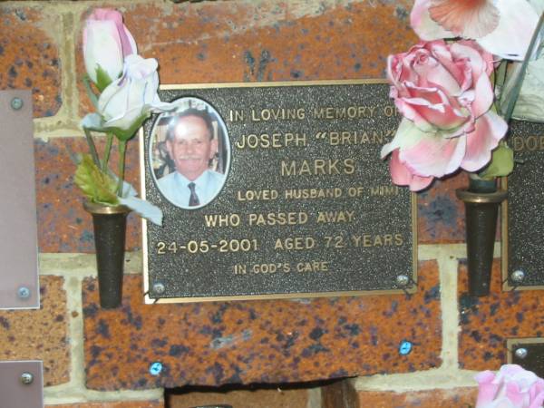 Joseph (Brian) MARKS,  | husband of Mimi,  | died 24-05-2001 agerd 72 years;  | Bribie Island Memorial Gardens, Caboolture Shire  | 