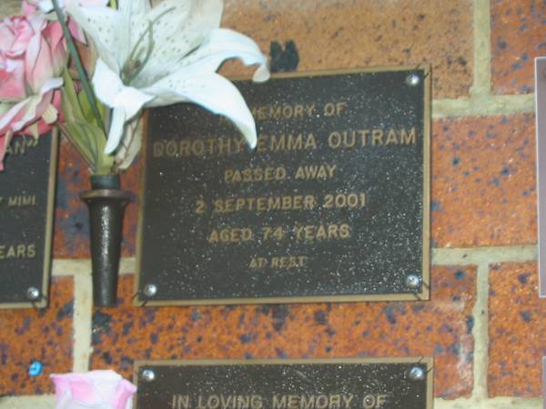 Dorothy Emma OUTRAM,  | died 2 Sept 2001 aged 74 years;  | Bribie Island Memorial Gardens, Caboolture Shire  | 
