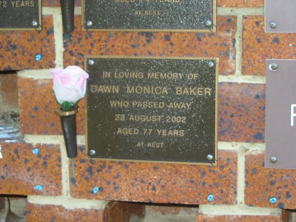 Dawn Monica BAKER,  | died 23 Aug 2002 aged 77 years;  | Bribie Island Memorial Gardens, Caboolture Shire  | 