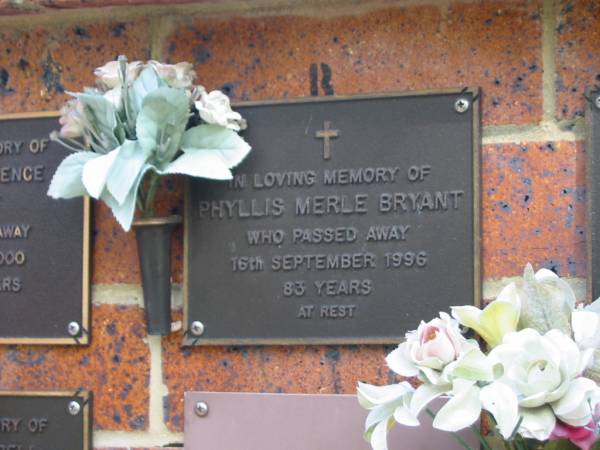 Phyllis Merle BRYANT,  | died 16 Sept 1996 aged 83 years;  | Bribie Island Memorial Gardens, Caboolture Shire  | 