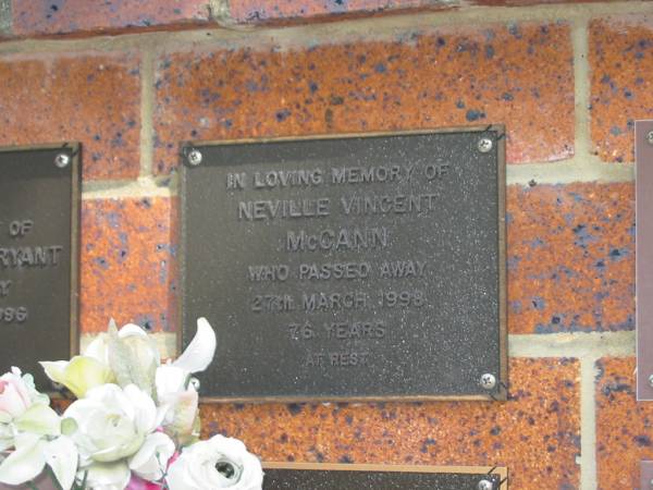 Neville Vincent McCANN,  | died 27 March 1998 aged 76 years;  | Bribie Island Memorial Gardens, Caboolture Shire  | 
