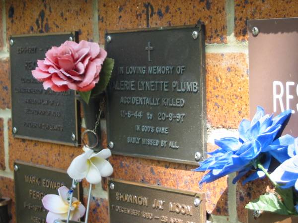 Valerie Lynette PLUMB,  | accidentally killed,  | 11-8-44 - 20-9-97;  | Bribie Island Memorial Gardens, Caboolture Shire  | 