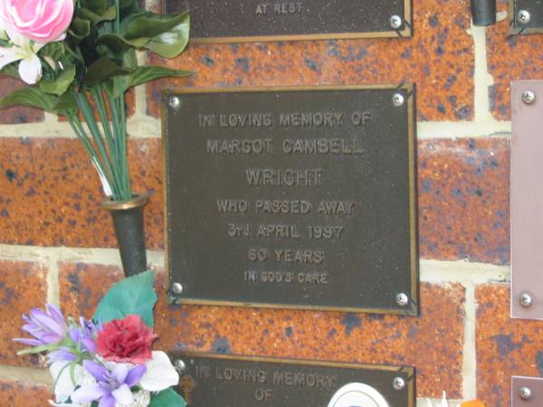 Margot Cambell WRIGHT,  | died 3 April 1997 aged 60 years;  | Bribie Island Memorial Gardens, Caboolture Shire  | 