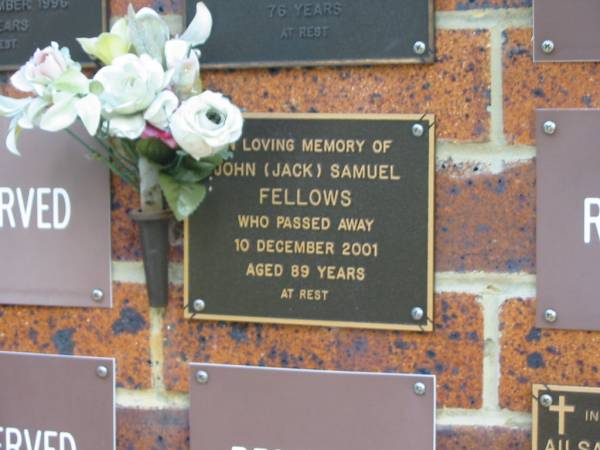 John (Jack) Samuel FELLOWS,  | died 10 Dec 2001 aged 89 years;  | Bribie Island Memorial Gardens, Caboolture Shire  | 