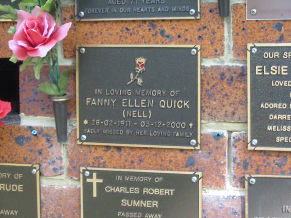 Fanny Ellen QUICK (Nell),  | 28-02-1911 - 03-12-2000;  | Bribie Island Memorial Gardens, Caboolture Shire  | 