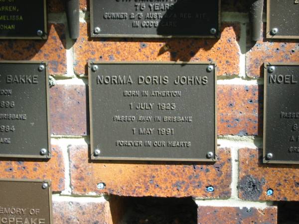 Norma Doris JOHNS,  | born Atherton 1 July 1923,  | died Brisbane 1 May 1991;  | Bribie Island Memorial Gardens, Caboolture Shire  | 