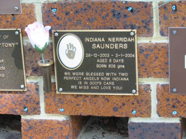 Indiana Nerridah SAUNDERS,  | 28-12-2003 - 3-1-2004 aged 6 days;  | Bribie Island Memorial Gardens, Caboolture Shire  | 