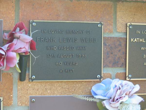 Frank Lewis WEBB,  | died 13 Aug 1998 aged 80 years;  | Bribie Island Memorial Gardens, Caboolture Shire  | 