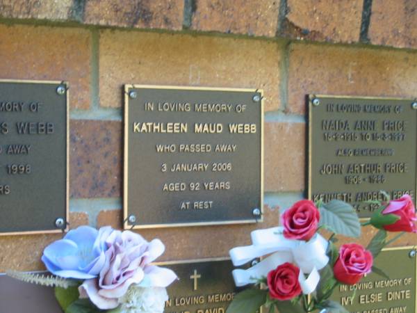 Kathleen Maud WEBB,  | died 3 Jan 2006 aged 92 years;  | Bribie Island Memorial Gardens, Caboolture Shire  | 