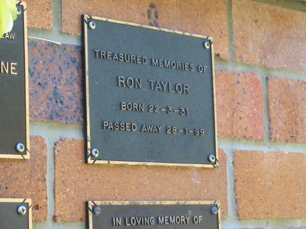 Ron TAYLOR,  | born 22-3-31,  | died 28-1-99;  | Bribie Island Memorial Gardens, Caboolture Shire  | 