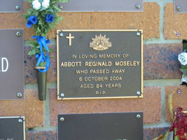 Abbott Reginald MOSELEY,  | died 6 Oct 2004 aged 84 years;  | Bribie Island Memorial Gardens, Caboolture Shire  | 