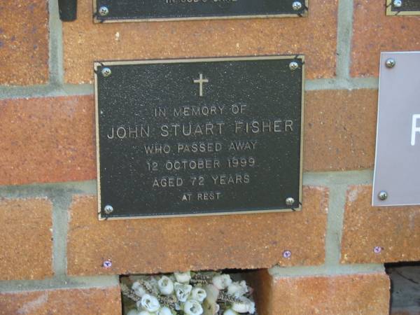 John Stuart FISHER,  | died 12 Oct 1999 aged 72 years;  | Bribie Island Memorial Gardens, Caboolture Shire  | 
