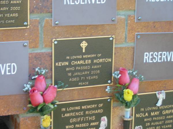 Kevin Charles HORTON,  | died 16 Jan 2005 aged 71 years;  | Bribie Island Memorial Gardens, Caboolture Shire  | 