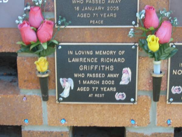 Lawrence Richard GRIFFITHS,  | died 1 March 2002 aged 77 years;  | Bribie Island Memorial Gardens, Caboolture Shire  | 