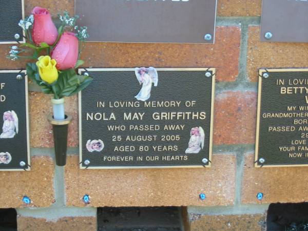 Nola May GRIFFITHS,  | died 25 Aug 2005 aged 80 years;  | Bribie Island Memorial Gardens, Caboolture Shire  | 