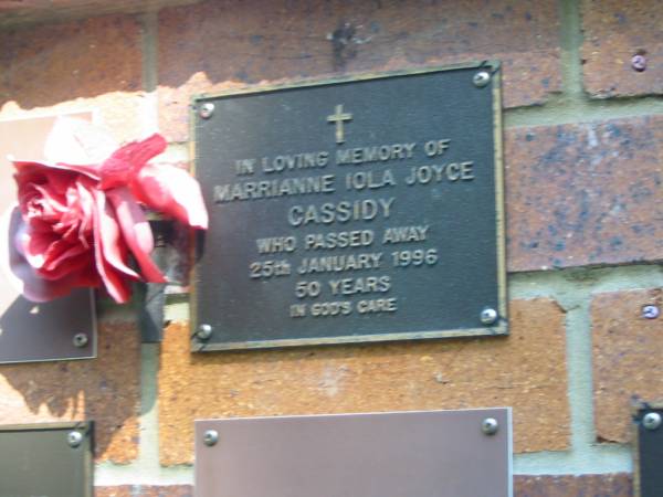Marrianne Iola Joyce CASSIDY,  | died 25 Jan 1996 aged 50 years;  | Bribie Island Memorial Gardens, Caboolture Shire  | 