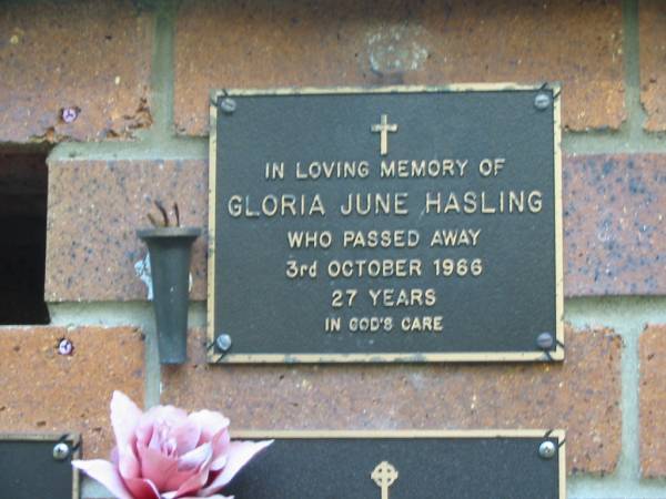 Glora June HASLING,  | died 3 Oct 1966 aged 27 years;  | Bribie Island Memorial Gardens, Caboolture Shire  | 