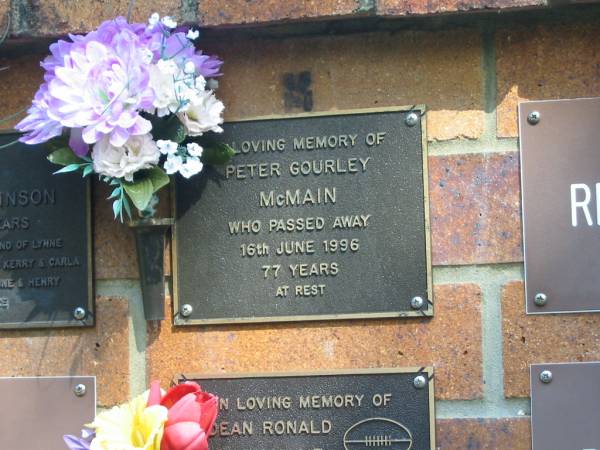 Peter Gourley MCMAIN,  | died 16 June 1996 aged 77 years;  | Bribie Island Memorial Gardens, Caboolture Shire  | 