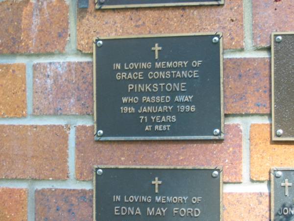 Grace Constance PINKSTONE,  | died 19 Jan 1996 aged 71 years;  | Bribie Island Memorial Gardens, Caboolture Shire  | 