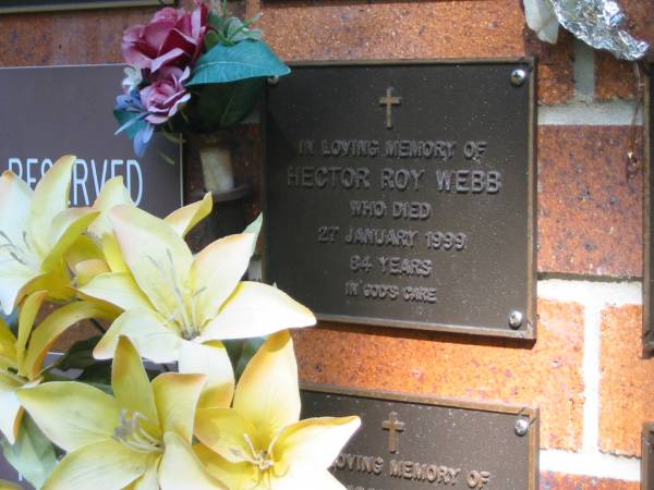 Hector Roy WEBB,  | died 28 Jan 1999 aged 84 years;  | Bribie Island Memorial Gardens, Caboolture Shire  | 