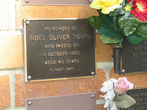Noel Oliver YOUNG,  | died 4 Oct 2000 aged 43 years;  | Bribie Island Memorial Gardens, Caboolture Shire  | 