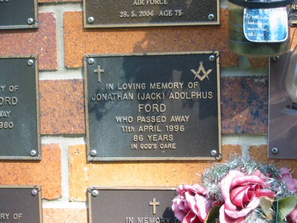 Jonathan (Jack) Adolphus FORD,  | died 11 April 1996 aged 86 years;  | Bribie Island Memorial Gardens, Caboolture Shire  | 