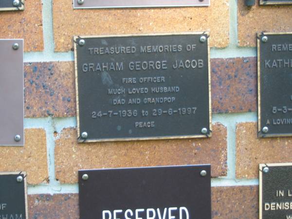 Graham George JACOB,  | husband dad grandpop,  | 24-7-1936 - 29-6-1997;  | Bribie Island Memorial Gardens, Caboolture Shire  | 