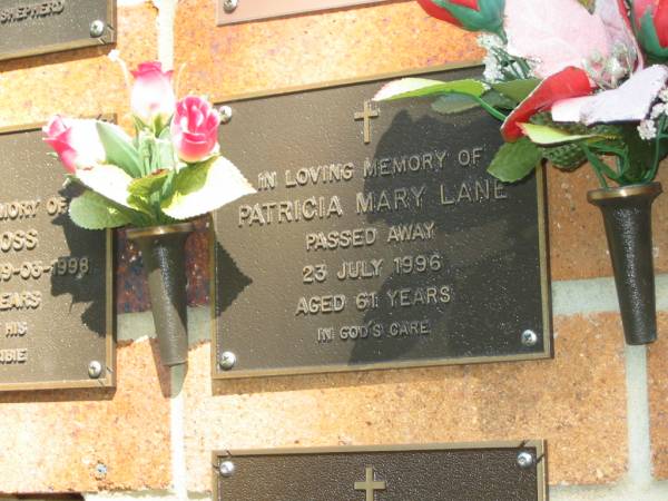 Patricia Mary LANE,  | died 23 July 1996 aged 61 years;  | Bribie Island Memorial Gardens, Caboolture Shire  | 