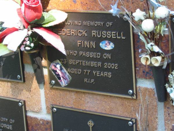 Frederick Russell FINN,  | died 23 Sept 2002 aged 77 years;  | Bribie Island Memorial Gardens, Caboolture Shire  | 