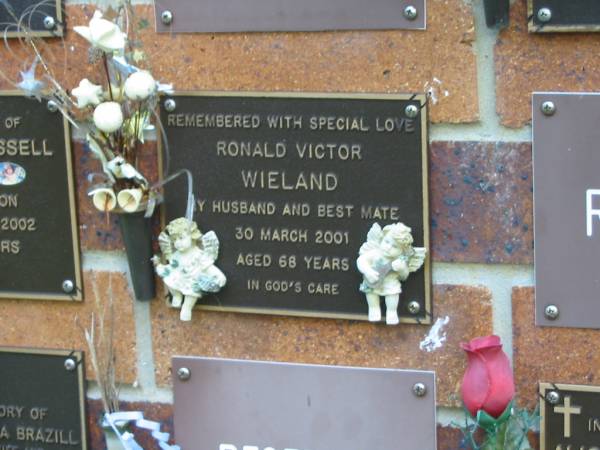 Ronald Victor WIELAND,  | husband,  | died 30 March 2001 aged 68 years;  | Bribie Island Memorial Gardens, Caboolture Shire  | 