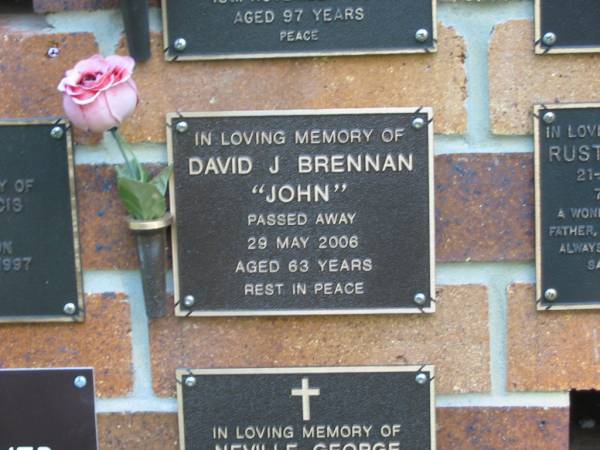 David J. (John) BRENNAN,  | died 29 May 2006 aged 63 years;  | Bribie Island Memorial Gardens, Caboolture Shire  | 
