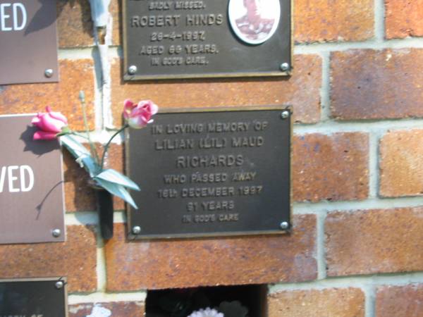 Lilian (Lil) Maud RICHARD,  | died 16 Dec 1997 aged 91 years;  | Bribie Island Memorial Gardens, Caboolture Shire  | 
