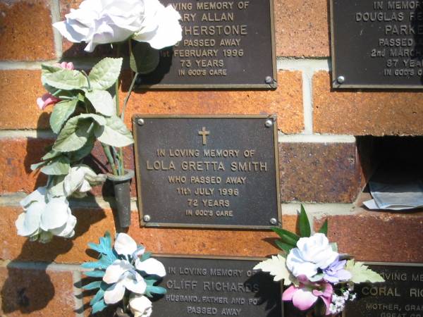 Lola Gretta SMITH,  | died 11 July 1996 aged 72 years;  | Bribie Island Memorial Gardens, Caboolture Shire  | 