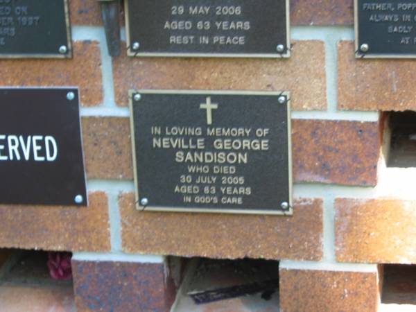 Neville George SANDISON,  | died 30 July 2005 aged 83 years;  | Bribie Island Memorial Gardens, Caboolture Shire  | 