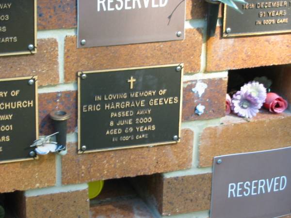 Eric Hargrave GEEVES,  | died 8 June 2000 aged 69 years;  | Bribie Island Memorial Gardens, Caboolture Shire  | 