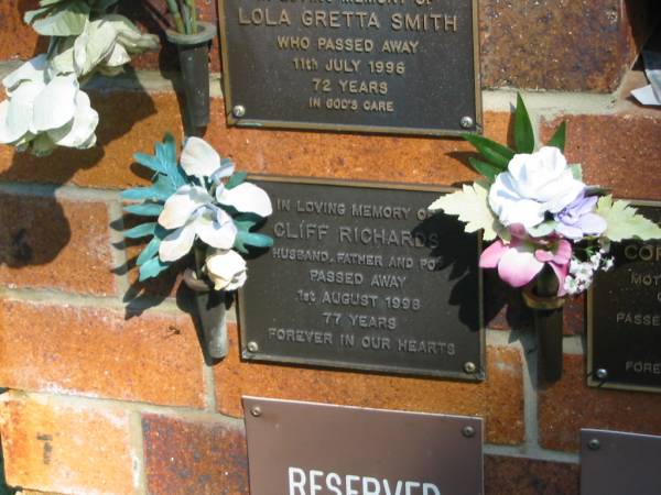 Cliff RICHARDS,  | husband father pop,  | died 1 Aug 1998 aged 77 years;  | Bribie Island Memorial Gardens, Caboolture Shire  | 