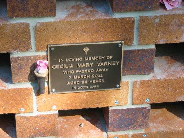 Cecilia Mary VARNEY,  | died 7 March 2002 aged 82 years;  | Bribie Island Memorial Gardens, Caboolture Shire  | 