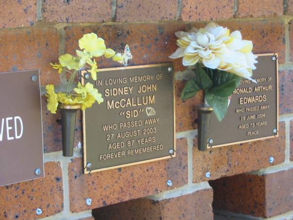 Sidney John MCCALLUM,  | died 27 Aug 2003 aged 87 years;  | Bribie Island Memorial Gardens, Caboolture Shire  | 