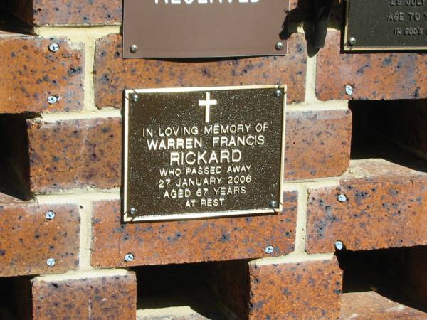 Warren Francis RICKARD,  | died 27 Jan 2006 aged 67 years;  | Bribie Island Memorial Gardens, Caboolture Shire  | 
