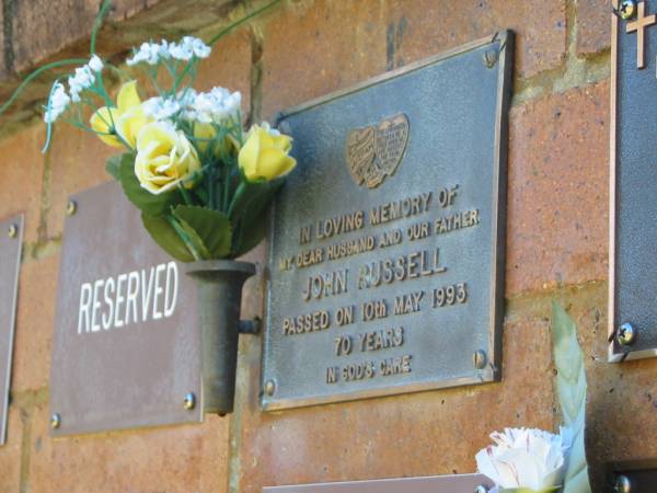 John RUSSELL,  | husband father,  | died 10 May 1993 aged 70 years;  | Bribie Island Memorial Gardens, Caboolture Shire  | 