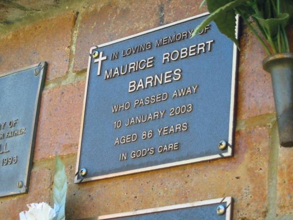Maurice Robert BARNES,  | died 10 Jan 2003 aged 86 years;  | Bribie Island Memorial Gardens, Caboolture Shire  | 